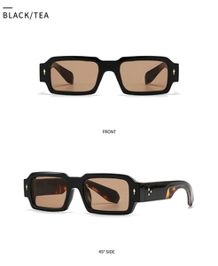 Detail view of retro square sunglasses with tea lenses and tortoiseshell temples