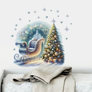Sticker mural de Noël montrant un traîneau festif et un sapin au-dessus d'un lit
