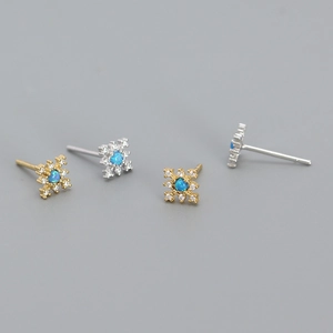 Snowflake Stud Earrings With Blue Opal And Zircon 925 Sterling Silver Earring Post For Women Dainty Star Jewelry