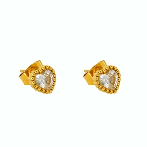 Elegant heart-shaped stud earrings with cubic zirconia and gold beaded edges on white background