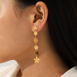 Floral Long Tassel Earrings 18K Gold Plated Stainless Steel Chic Dainty Flower Drop Jewelry For Women