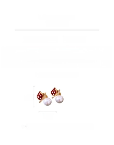 Detail of square vintage earrings with white pearls and red polka dot enamel, 5.4g copper