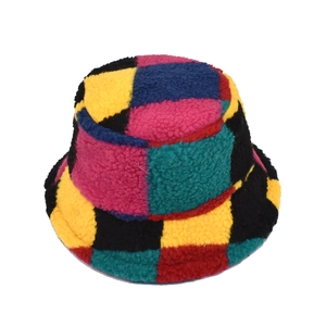 Winter warm plush bucket hat with stylish patchwork faux shearling in multicolor check