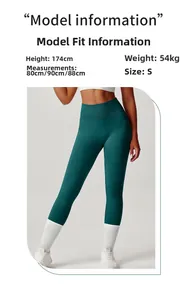 Detail view of high waisted green yoga pants with model sizing information and side pocket