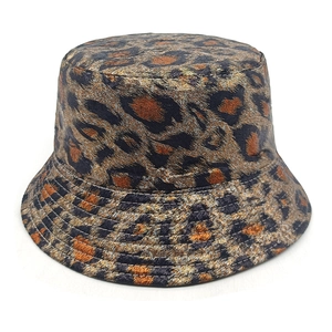 Close-up of leopard print bucket hat showing detailed fabric texture and stitching