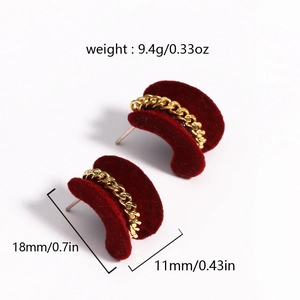 Elegant red flocked heart stud earrings with golden chain detail and precise dimensions