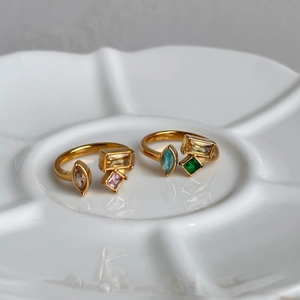 18k gold plated stainless steel open rings with colorful geometric zircon stones