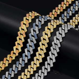 15mm diamond-cut Cuban link necklaces with colorful rhinestones in gold and silver
