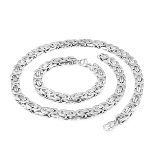 Polished silver stainless steel Byzantine chain necklace and bracelet set with lobster clasp