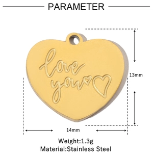 Detail view of 14mm heart pendant in gold stainless steel with Love You engraving