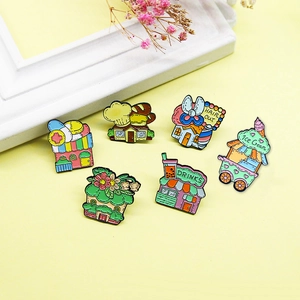 Set of six cartoon enamel building pins featuring bakery, flower shop and hair cut studio