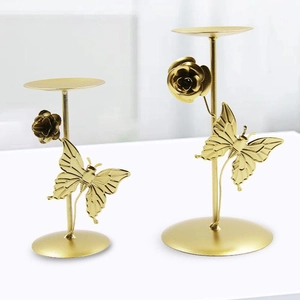 Gold Metal Candle Holder Decorative Butterfly Rose Flower Tabletop Centerpiece Wedding Home Decor Candlestick