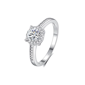 Sparkling S925 sterling silver moissanite ring with round center stone and halo setting