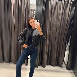 Women Quilted Bomber Jacket Lightweight Diamond Pattern Button Down Padded Coat Casual Outerwear With Ribbed Trim