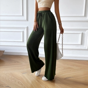Women's casual loose wide-leg pants in dark green featuring elastic waist and drawstring