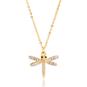 Macro shot of gold dragonfly pendant with sparkling rhinestones and a fine O-chain