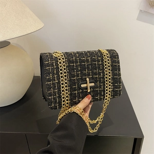 Elegant black tweed chain square bag with gold metallic threads and metal turn-lock