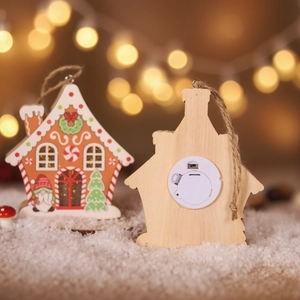 Lighted wooden Christmas gingerbread house ornament with gnome and tree painting