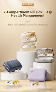 Detailed view of portable 7-compartment pill box with secure locks in various colors