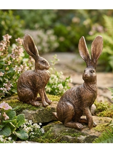 Detalle de estatuas de conejo de resina bronceada sobre roca de musgo en jardín