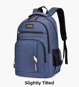 Detailed side view of blue business backpack with multiple zipper layers and side mesh pocket