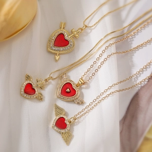 Heart Pendant Necklace Copper Gold Plated Red Heart With Wings Cross Zirconia Fashion Jewelry Women