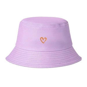 Classic purple cotton twill bucket hat with orange heart embroidery on white background