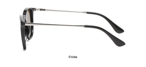 Side view of children's oval sunglasses with black frame and slim metal temples