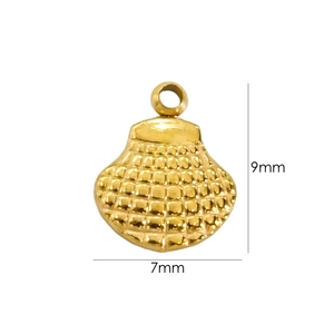 Macro shot of 14K gold-plated shell pendant showing 9mm by 7mm detailed dimensions
