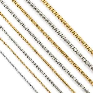 Surgical stainless steel box chains in multiple widths with gold and silver finishes
