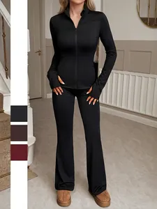 Women Polyester Spandex Long Sleeve Zipper Jacket And Flare Pants Sports Yoga Suit Stand Collar Slim Fit Athletic Outfit