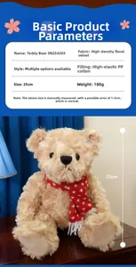 Detail view of a 25cm light brown teddy bear with floral scarf and plush fabric texture