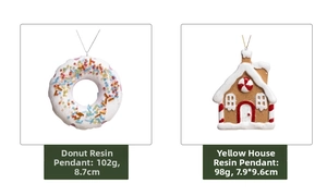 Detailed view of Christmas resin charms showing donut and house styles with dimensions