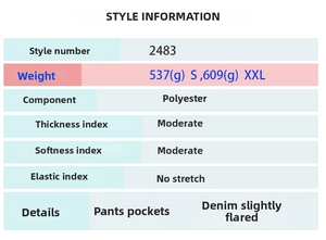 Size chart for high waisted loose fit wide leg denim trousers showing product weight and fabric details