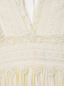 Dettaglio del ricamo in pizzo raffinato e della trama a rete su un abito bianco crema