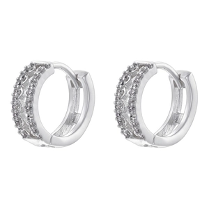 Detail view of silver double-row micro-set zircon hoop earrings on white background