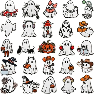 Set of 25 cute Halloween ghost embroidery patches including pumpkin and witch designs