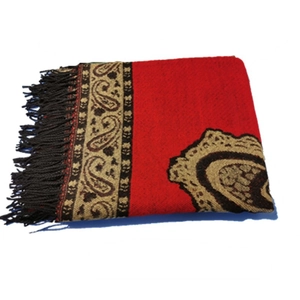 Ethnic thick cashmere shawl with red paisley pattern and black fringe for travel