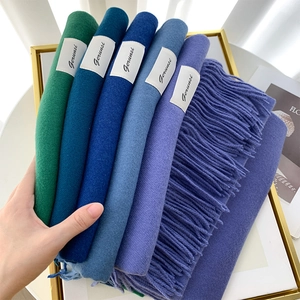Detail of colorful cashmere scarves with tassels and premium brand label texture