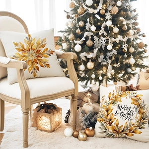 Close-up of Merry and Bright Christmas pillow cover with snowflake patterns in a cozy room