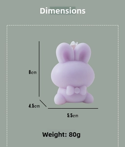 Size dimensions for purple bunny aromatic candle with 8cm height and 5.5cm width