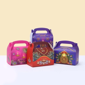 Happy Diwali Festival Of Lights Gift Boxes White Cardboard Handled Sweets Candy Packaging For Indian Celebration Party