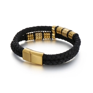 Men's double-layer braided leather bracelet with gold-plated stainless steel magnetic clasp