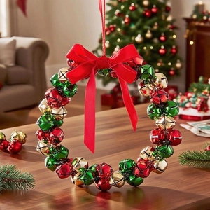 Festive Christmas bell wreath with red velvet bow and colorful metal bells for home decor