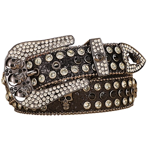 Black Y2K leather belt with crystal rhinestone skull buckle and sparkling studs