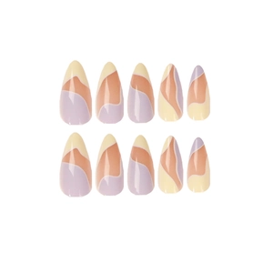 Cream purple French almond press-on nails with abstract color-block wave patterns