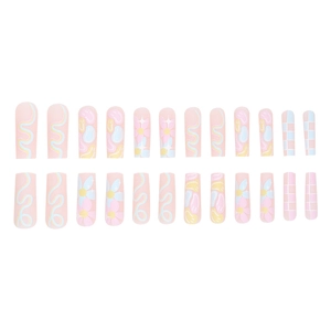 Press-on nails set with macaron colors, floral patterns and grid lines design