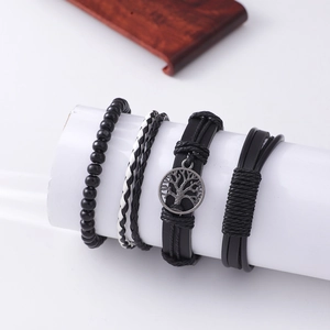 Men's Tree of Life leather bracelet set with multi-layer woven beads on white stand