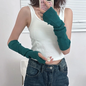 Close-up of dark green ribbed knit arm warmer with functional finger hole detail