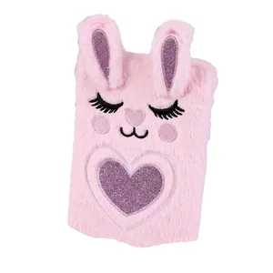 Pink plush rabbit notebook with 3D ears and glitter heart for girls gifts